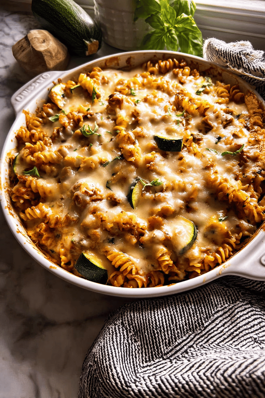 Zucchini Cheddar Chicken Noodle Casserole